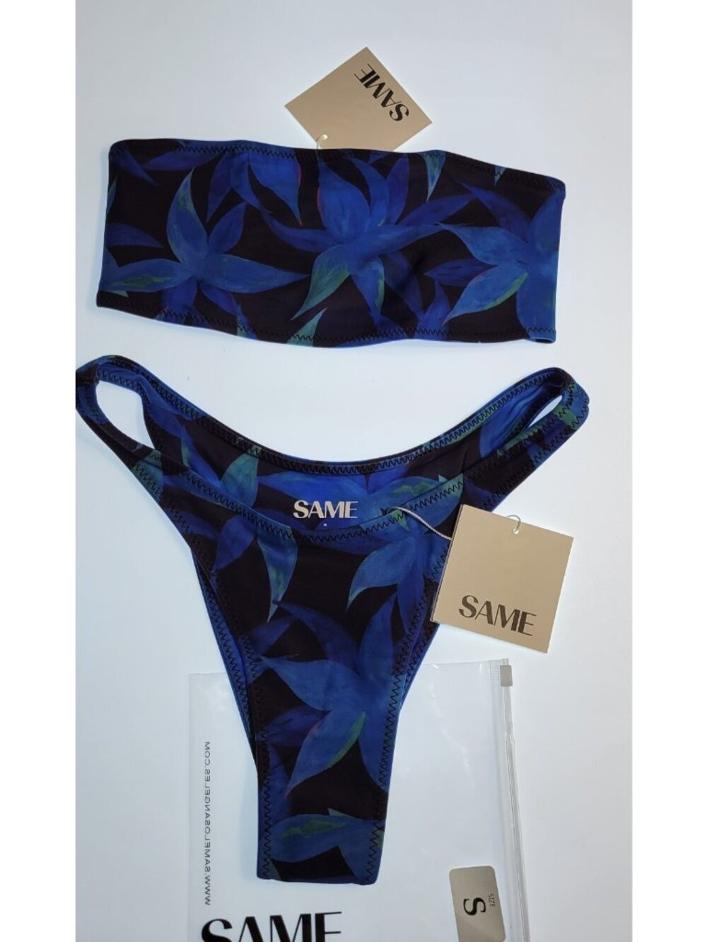 SAME  Bikini Set Size S Women Blue Floral Strapless Top High Cut Bott